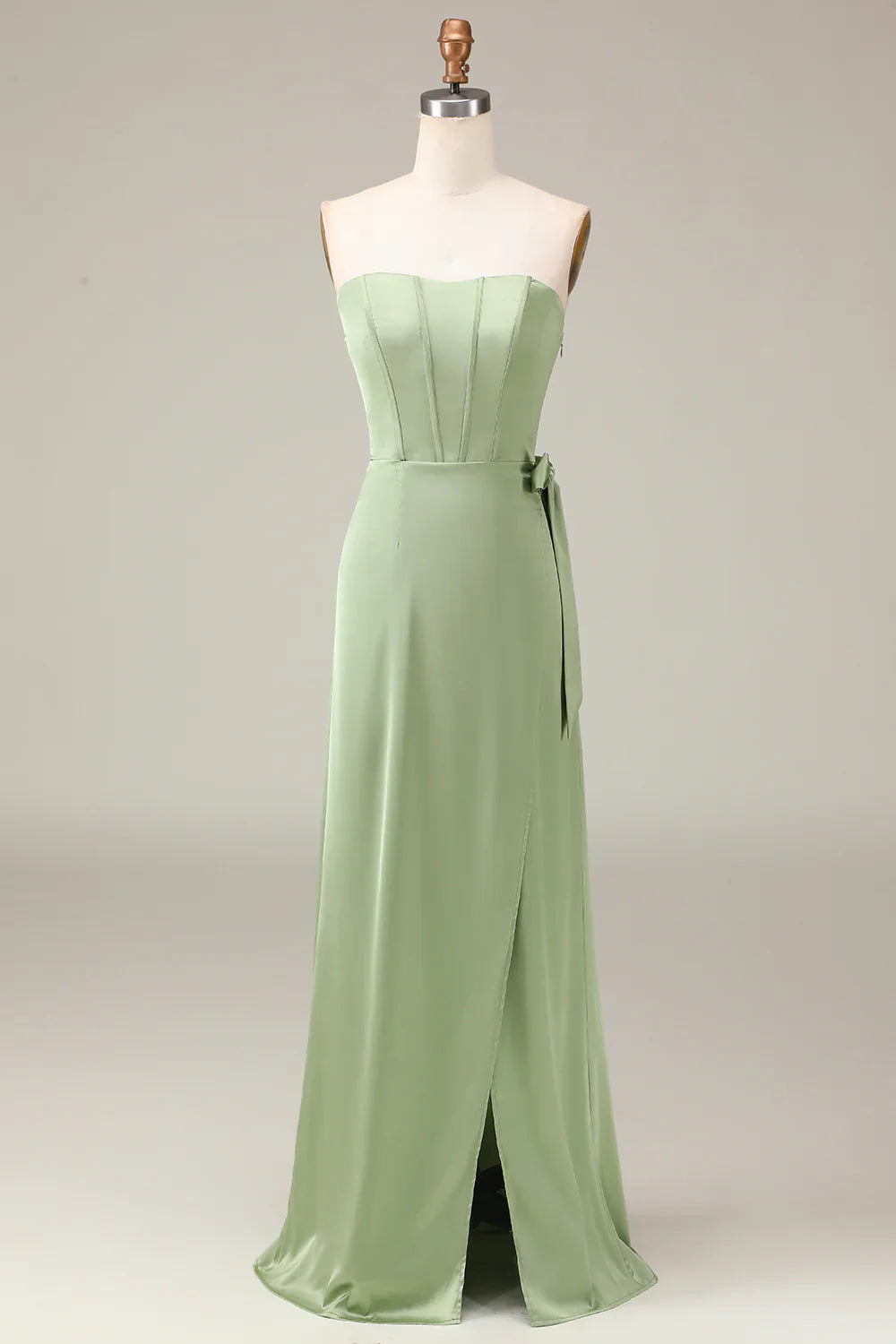 Robe de soirée en satin coupe trapèze bustier style corset Matcha avec fente